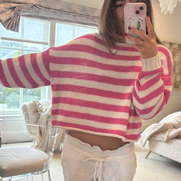 Pink and White Striped Women's Sweater - Picture 2 of 3